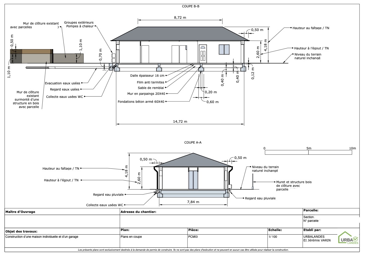 Plan en coupe maison neuve Oeyreluy Landes — permis de construire Urbalandes
