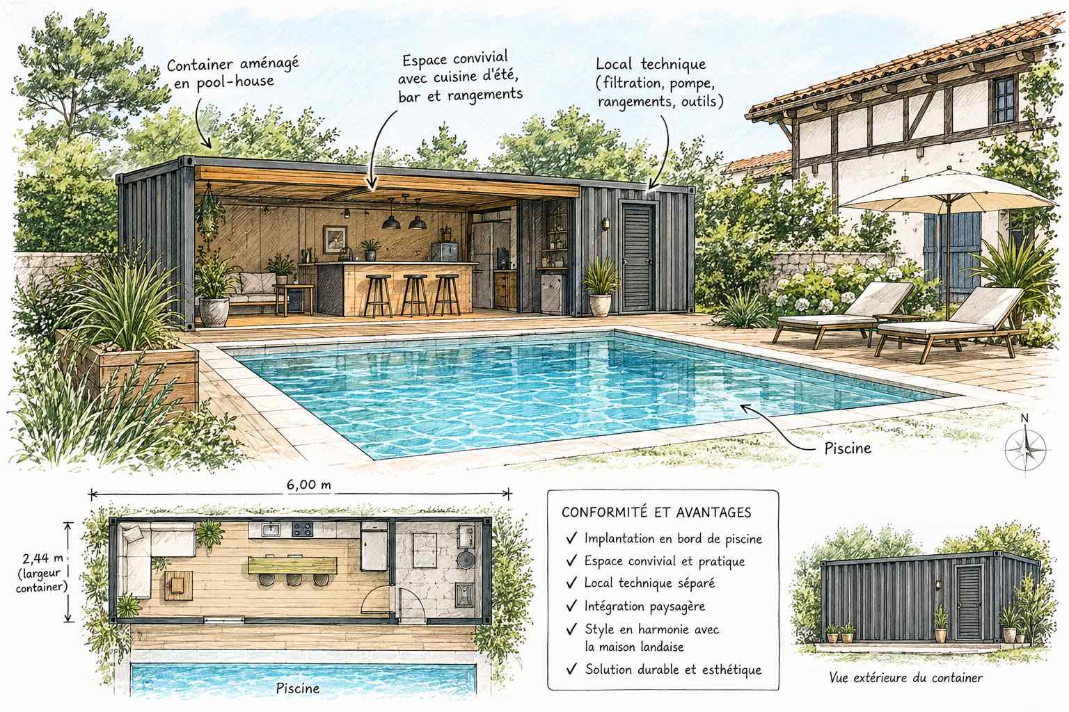 Pool house container installé dans un jardin landais